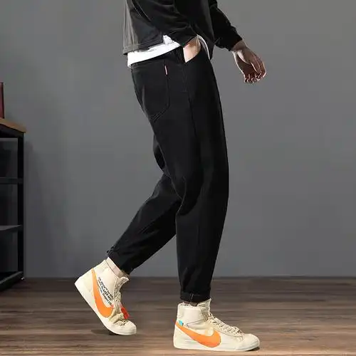 加绒黑色牛仔裤男韩版宽松休闲大码潮流小脚哈伦男士长裤子男牛仔裤