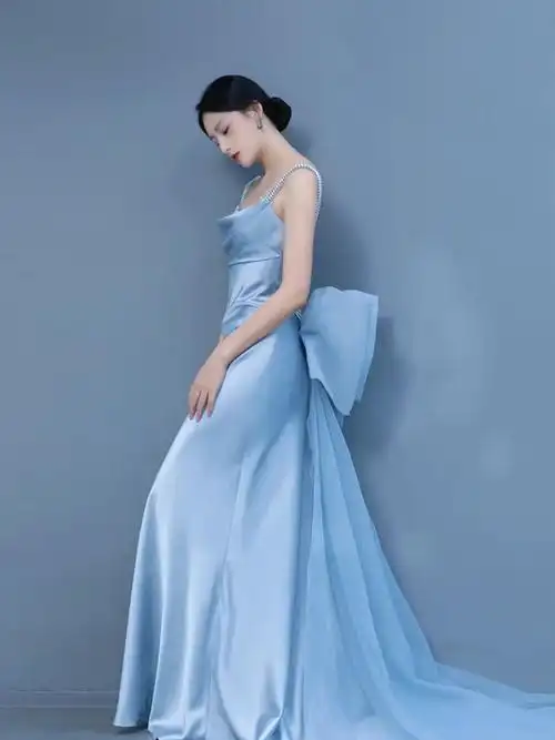 蓝色晚礼服2022新款时尚长款走秀红毯优雅艺考年会显瘦气质敬酒服