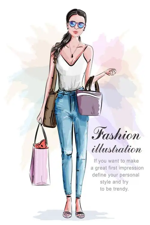 创意矢量时尚手绘美女插图