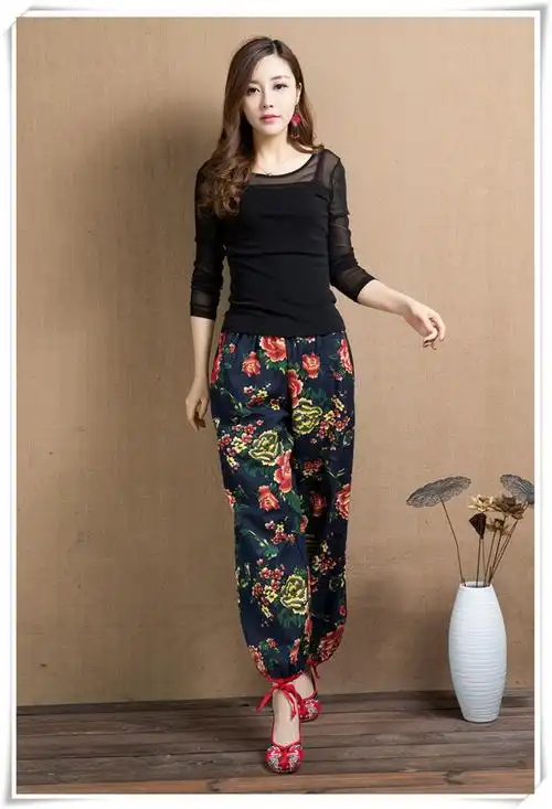 中式老北京唐装宽松女裤改良亚麻大花布长裤子麻灯笼裤民族风 腰果花