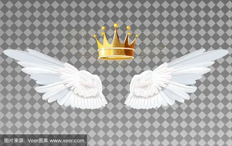 在透明的背景矢量上有一个金色皇冠的天使的翅膀