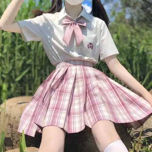 小粉粉黛白开水现货秒发jk制服原创粉格年轻半身裙