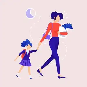 儿童困扰妈妈带孩子去上学. 迟到了. 困扰着日常的女人. 焦虑.