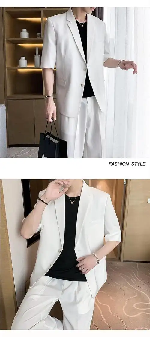 短袖薄款七分袖小西装男夏季痞帅宽松西服搭配短裤两件休闲外套潮嫩