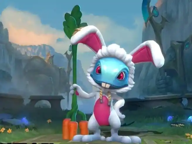 小鱼人的情人节皮肤中身着小白兔装束的,三叉戟也变成了胡萝卜,大招