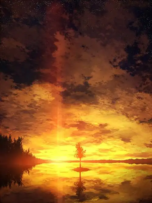 唯美治愈系的晚霞落日场景插画