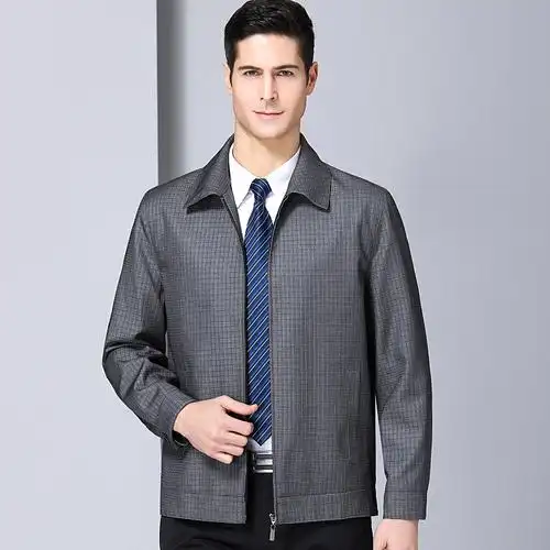 正品男装秋装商务休闲爸爸中年男士夹克衫格子中老年外套男装翻领免烫
