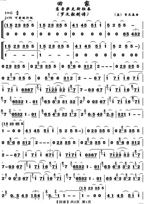 回家(高清正版萨克斯独奏) 歌谱简谱网