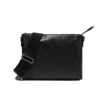 gucci古驰 男士黑色gg印花压纹皮革单肩斜挎包邮差包手拿包中号
