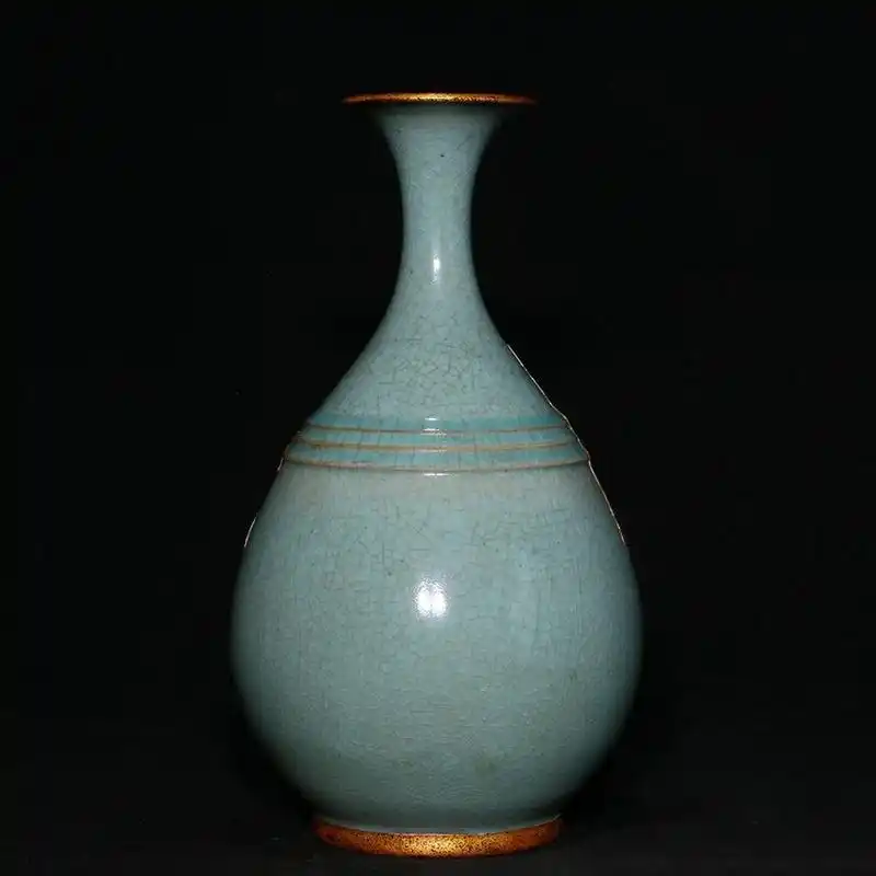 北宋天青釉蝉翼纹开片官汝窑瘦金体铭文镶口玉壶春赏瓶