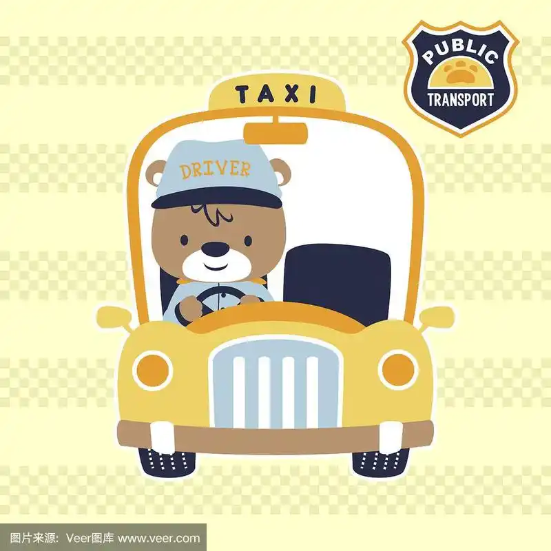 小熊搞笑的出租车司机,矢量卡通插图