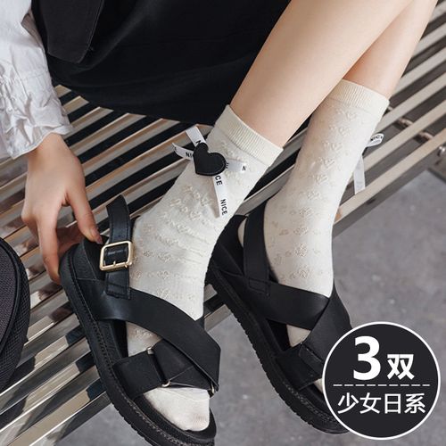 白色袜子女日系甜美可爱女孩大童学生搭配凉鞋黑色小皮鞋乐福鞋的