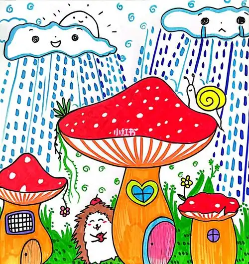的掌控配色#儿童创意美术#创意美术儿童画#儿童画#蘑菇#联想#下雨天