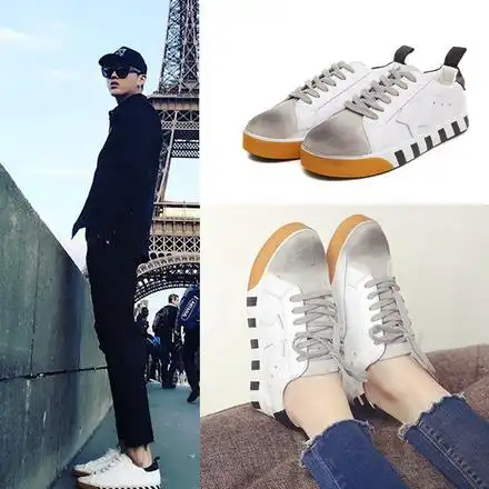 韩版做旧小白鞋女真皮星星平底板鞋系带情侣鞋吴亦凡同款小脏鞋秋
