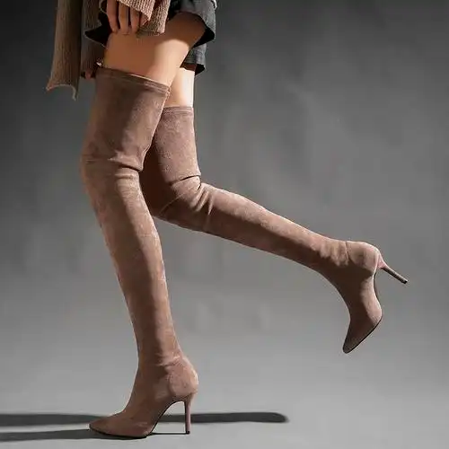 弹力显瘦大腿靴超长高筒马靴绒面棕色秋冬过膝加长靴女细跟高跟鞋