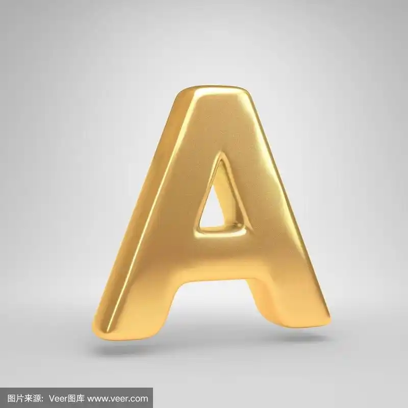 3d字母a大写.闪亮的金色字体孤立在白色背景