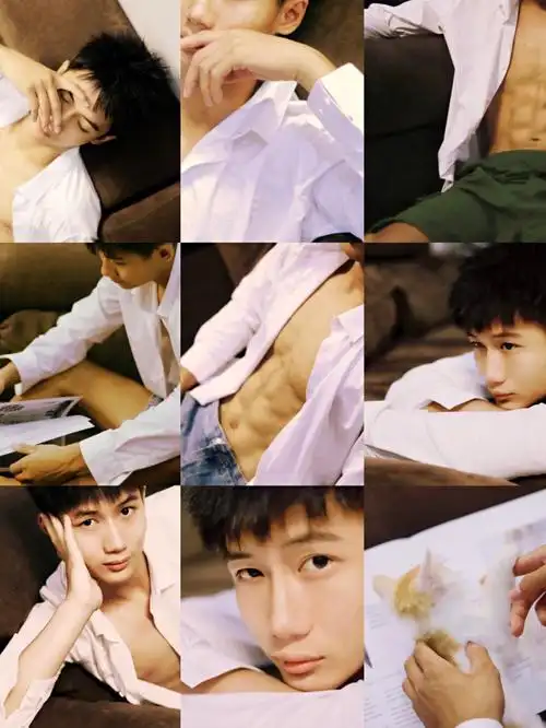 男生写真暖灯下的白衬衫腹肌