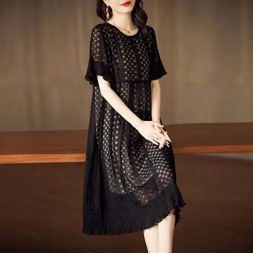 刺绣真丝连衣裙女高高端杭州丝绸绣花重磅大牌连衣裙