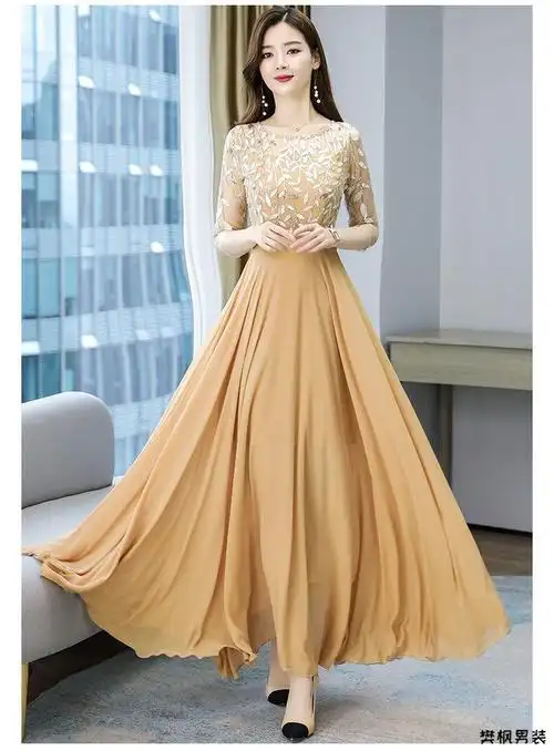 夏季雪纺连衣裙新款红色礼服长款仙女网纱绣花拼接大摆裙子女灰色m