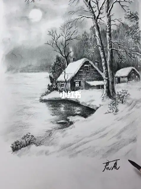 风景画简笔画黑白冬天