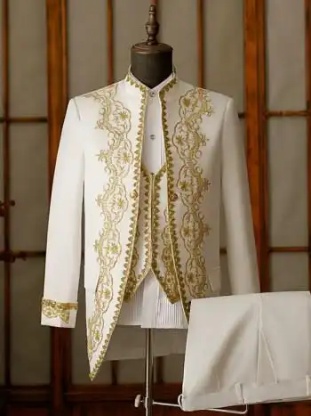 欧洲中世纪礼服贵族服装男士复古王子国王戏服欧式舞台演出服 白色