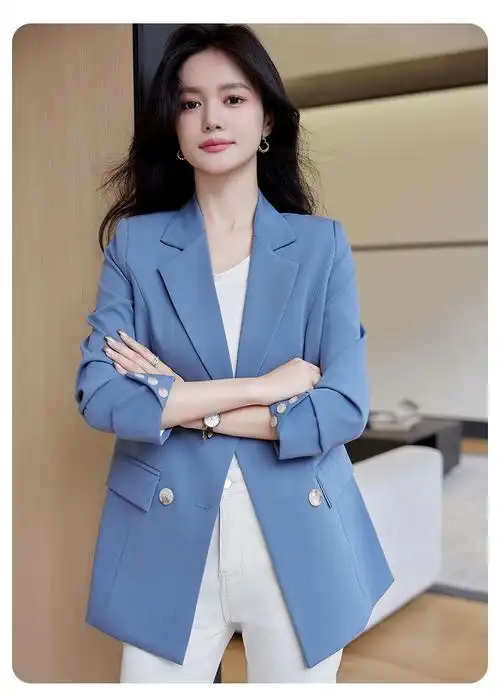 休闲百搭长袖西服外套女2024年春季新款高级感双排扣气质职业西装