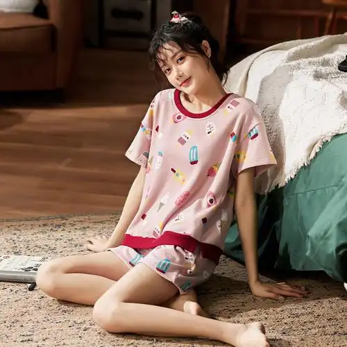 多拉美睡衣女士夏季纯棉短袖短裤甜美可爱圆领睡衣