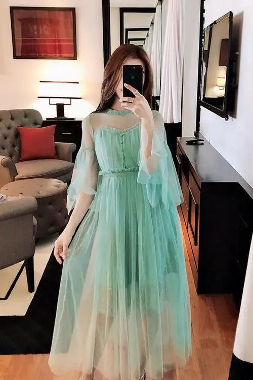 2018夏装新款复古温柔风仙女裙收腰抹胸裙子透视网纱连衣裙超仙女lqcj