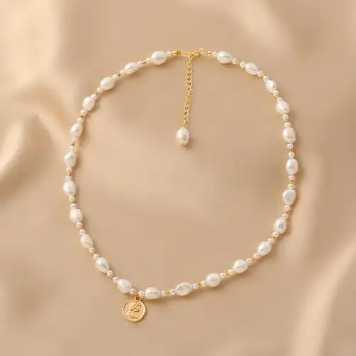 轻奢小众巴洛克天然淡水珍珠项链女14k包小金珠人像单坠生日礼物