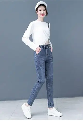 2021新款女装春款牛仔裤女高腰显瘦小脚长裤宽松松紧腰女士牛仔裤