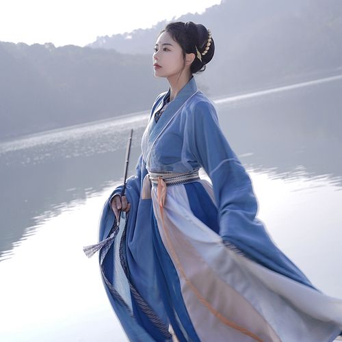 汀兰颂原创魏晋南北朝汉服蓝色大袖襦一片式破裙