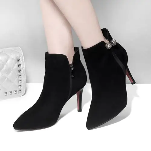 高跟尖头短靴女欧美英伦风秋冬性感女靴拉链马丁靴子真皮磨砂踝靴