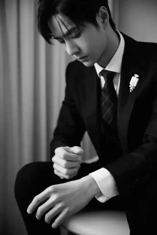 王一博格纹领带造型##王一博黑西装格纹领带