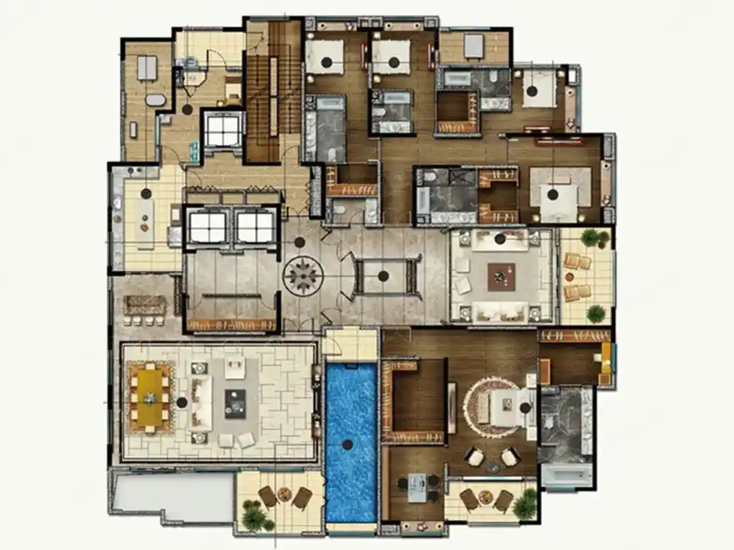 这应该是比较奢华的大平层户型,自带空中泳池!