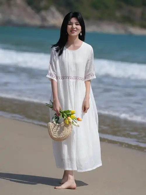 现货 新款**肌理苎麻连衣裙文艺复古宽松刺绣苎麻大摆长裙子 - 17网