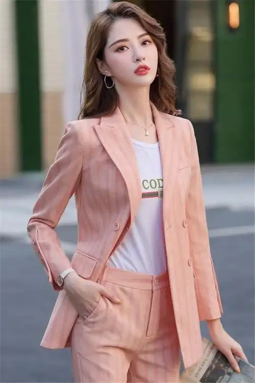 职业套装年新款小个子洋气春装时尚气质休闲粉色西装女两件套
