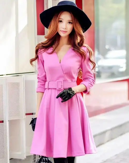 玫粉色气质ol收腰大摆连衣裙