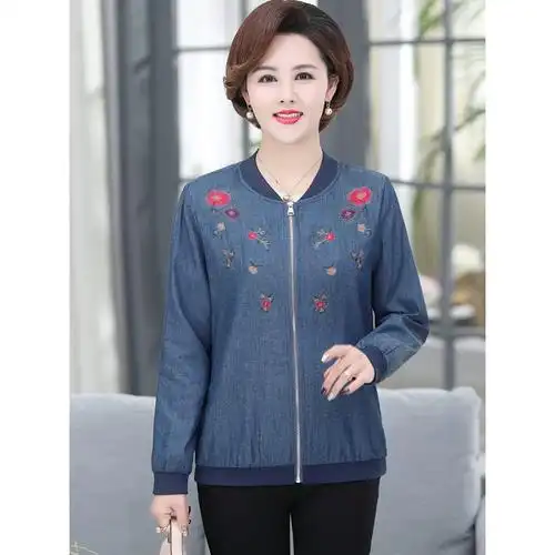 妈妈春装牛仔夹克中年女40岁洋气休闲长袖上衣中老年女装春秋外套