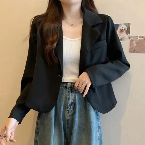 韩国实拍大码女装小西装短款外套小个子设计感西服上衣 - 17网