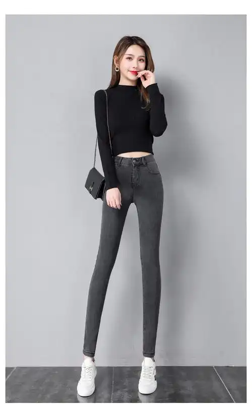 claralee烟灰色牛仔裤女夏装小脚2022新款春秋紧身高腰显瘦黑色加绒长