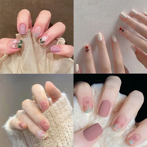 美甲贴片短款高级感纯欲仙女穿戴甲磨砂花朵郁金香珍珠山茶花学生