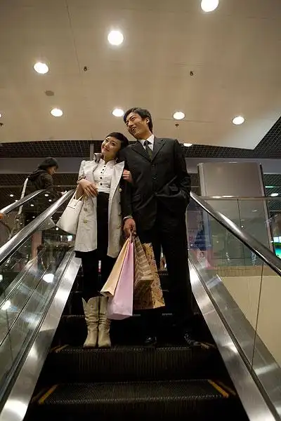 城市夜幕下购物的情侣