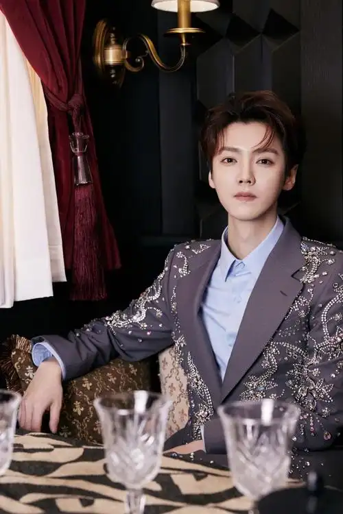 鹿晗gucci活动刺绣西服造型写真 内搭蓝色衬衫超帅超精致