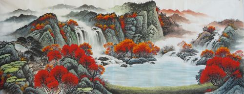 【8墨锦轩】宣纸国画纯手绘小六尺山水画聚宝盆旭日东升ax1110502