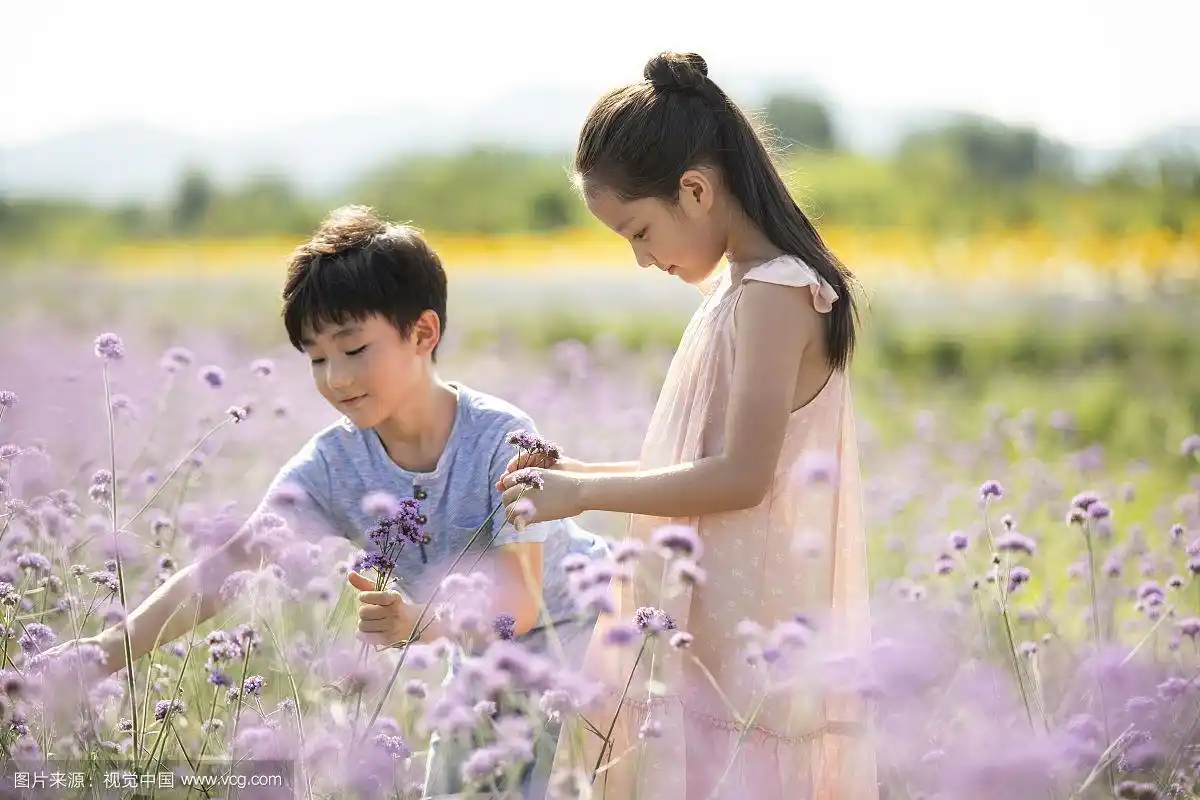 姐弟俩在花田里采花