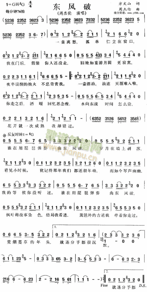 东风破 歌谱简谱网