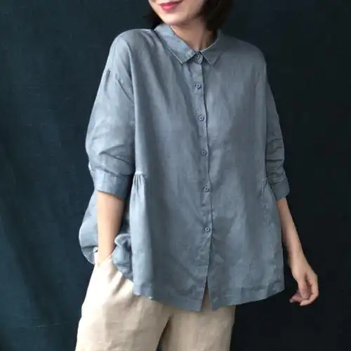 2新 韩版休闲宽松大码荷叶下摆纯色棉麻衬衫女中袖棉麻上衣夏季优惠券