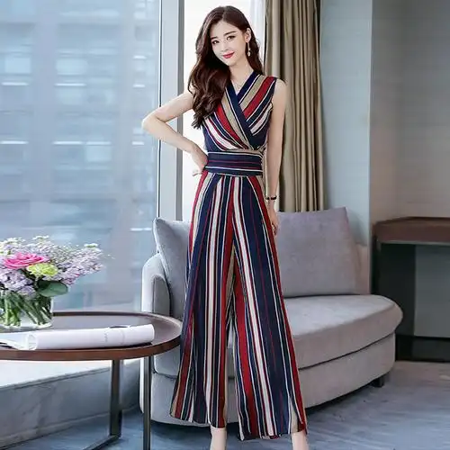 女士夏装新品女装时尚女神范裙裤显瘦连体裤气质条纹阔腿裤套装潮