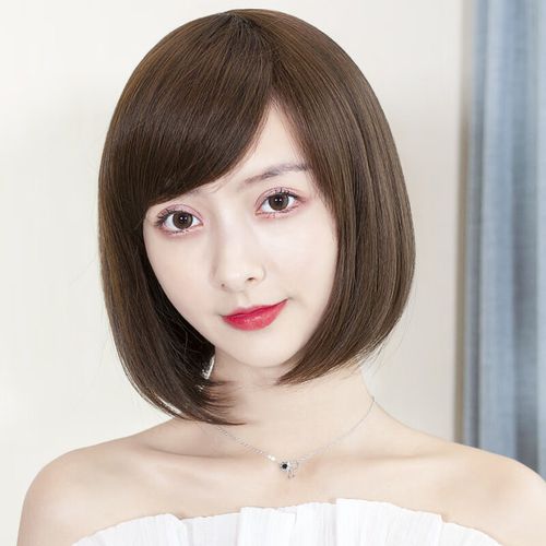 女短直发齐斜刘海bobo头网红圆脸内扣头套式自然逼真波波头 斜刘海 28