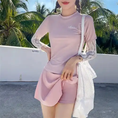 学生游泳衣女保守减龄夏防晒长袖显瘦裙式聚拢分体少女小清新泳装